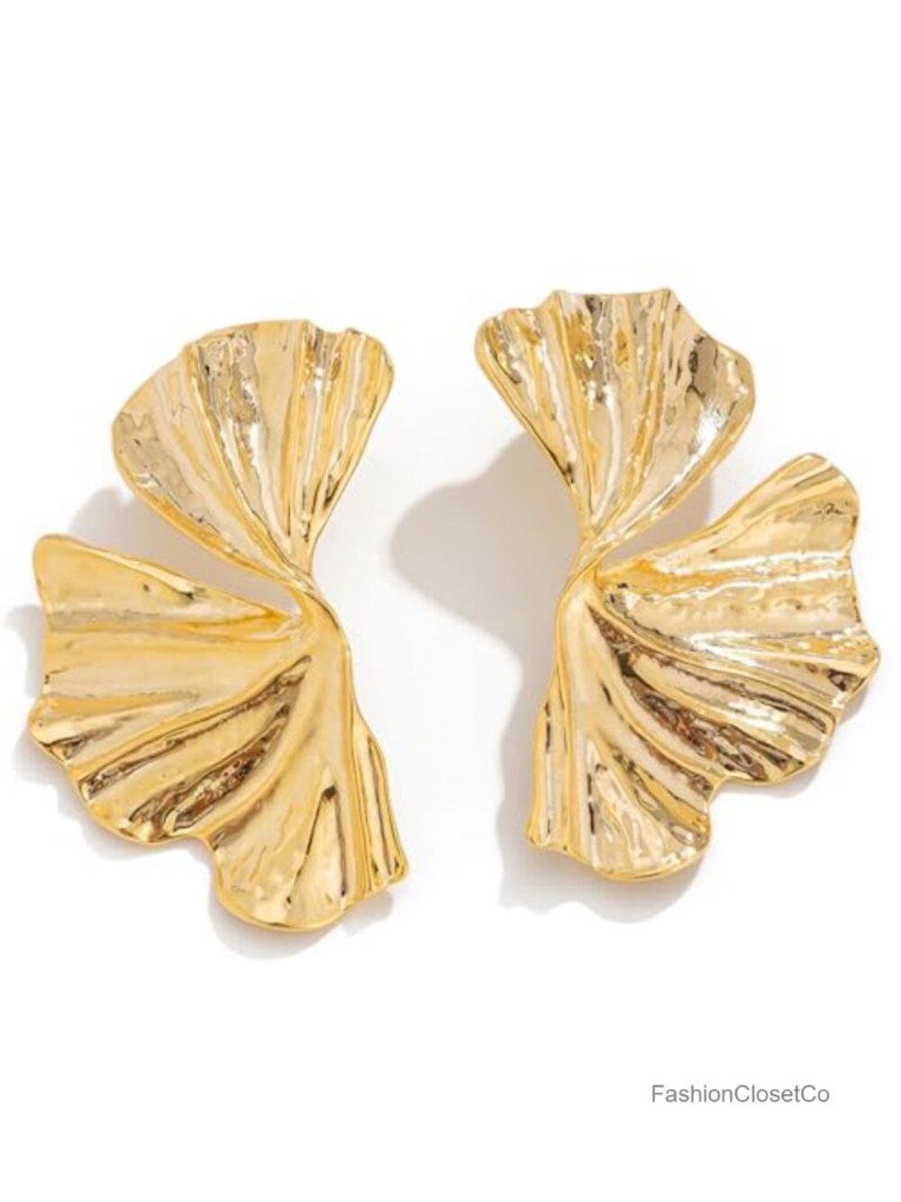 Gold Statement Dangle Earrings Petal Leaf Flower Sectored Geometric French Wire
